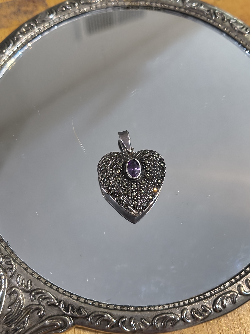 Vintage 925 Sterling Silver Heart Locket Amethyst Marcasite Filigree Pendant